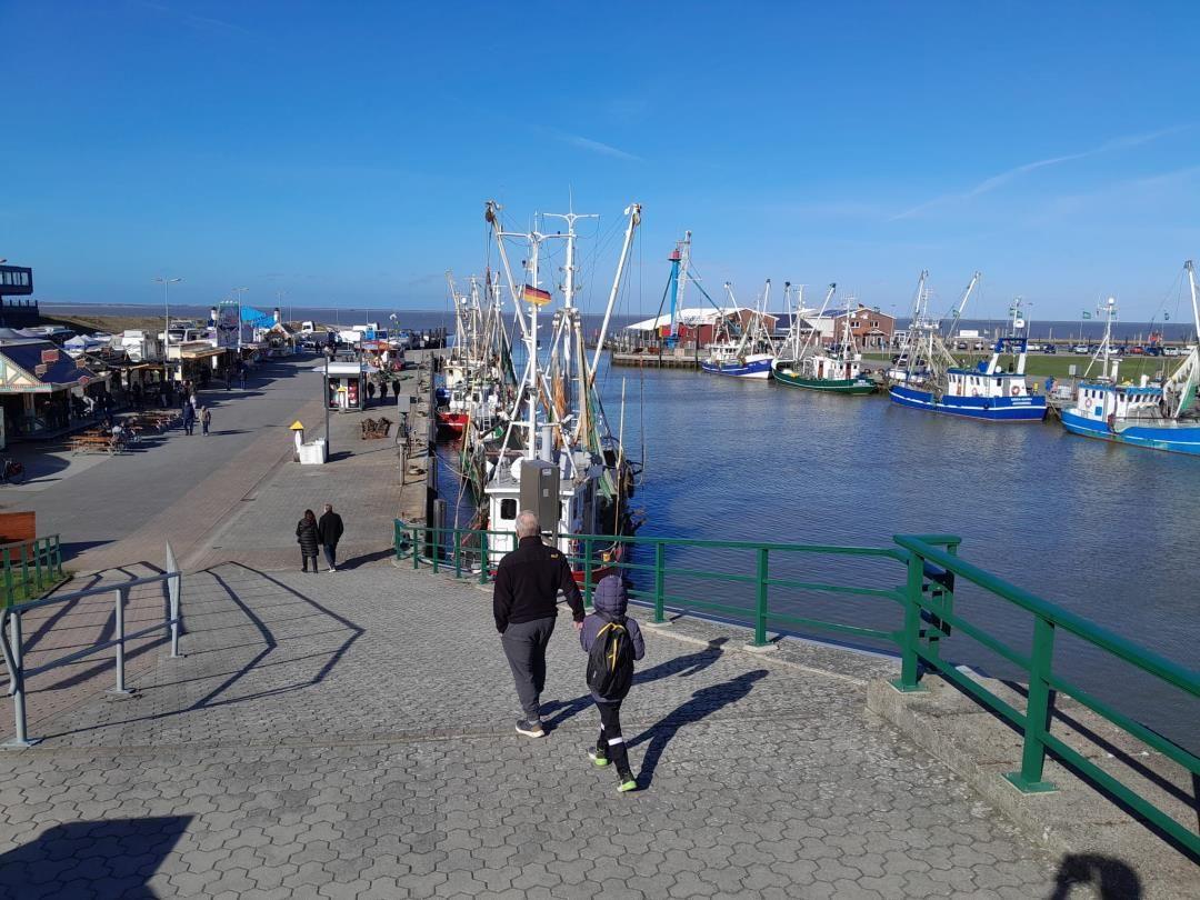 Hafen mit Booten und Promenade. Menschen spazieren entlang des Wassers.