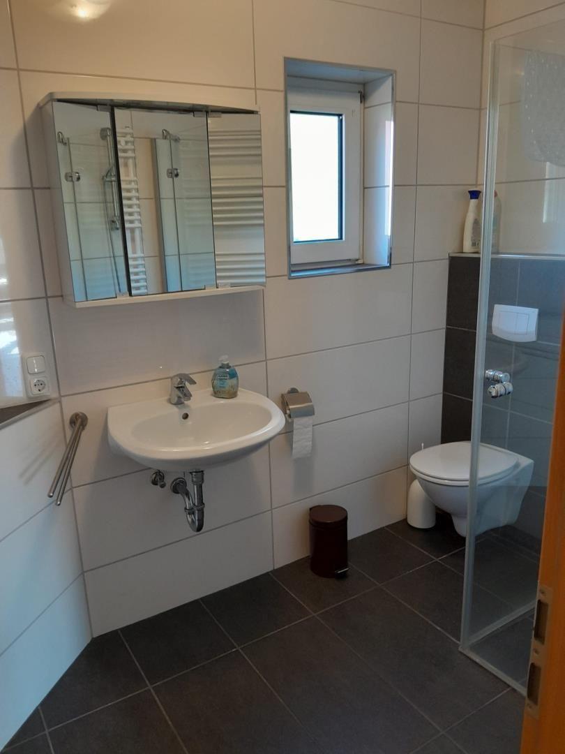 Badezimmer mit Waschbecken, Toilette und Dusche. Fenster und Spiegelschrank vorhanden.