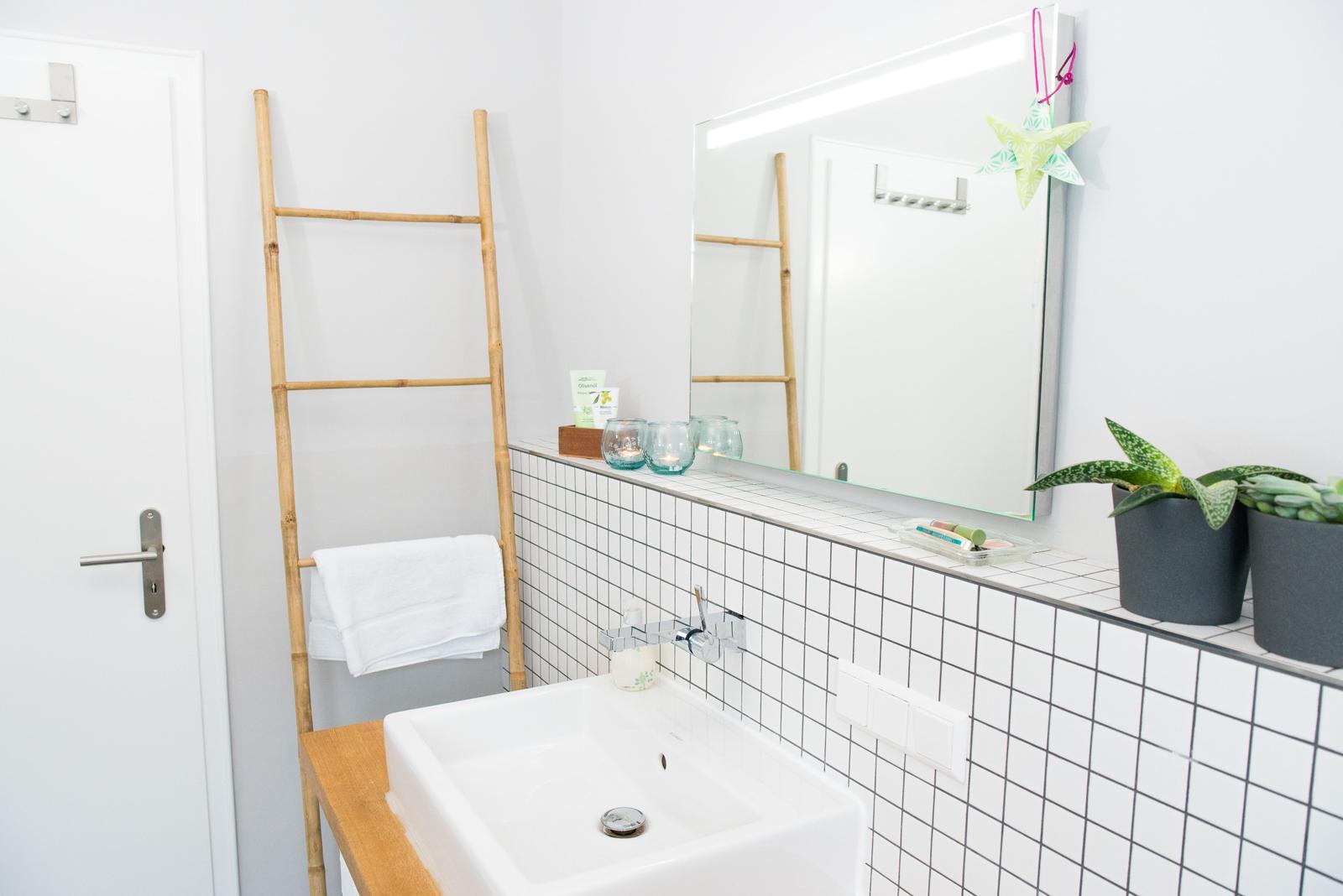 Badezimmer mit Waschbecken, Spiegel und Pflanzen