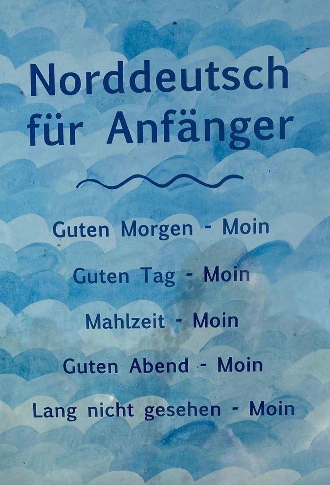 Norddeutsche Sprichwörter für Anfänger auf blauem Wellenmusterhintergrund.