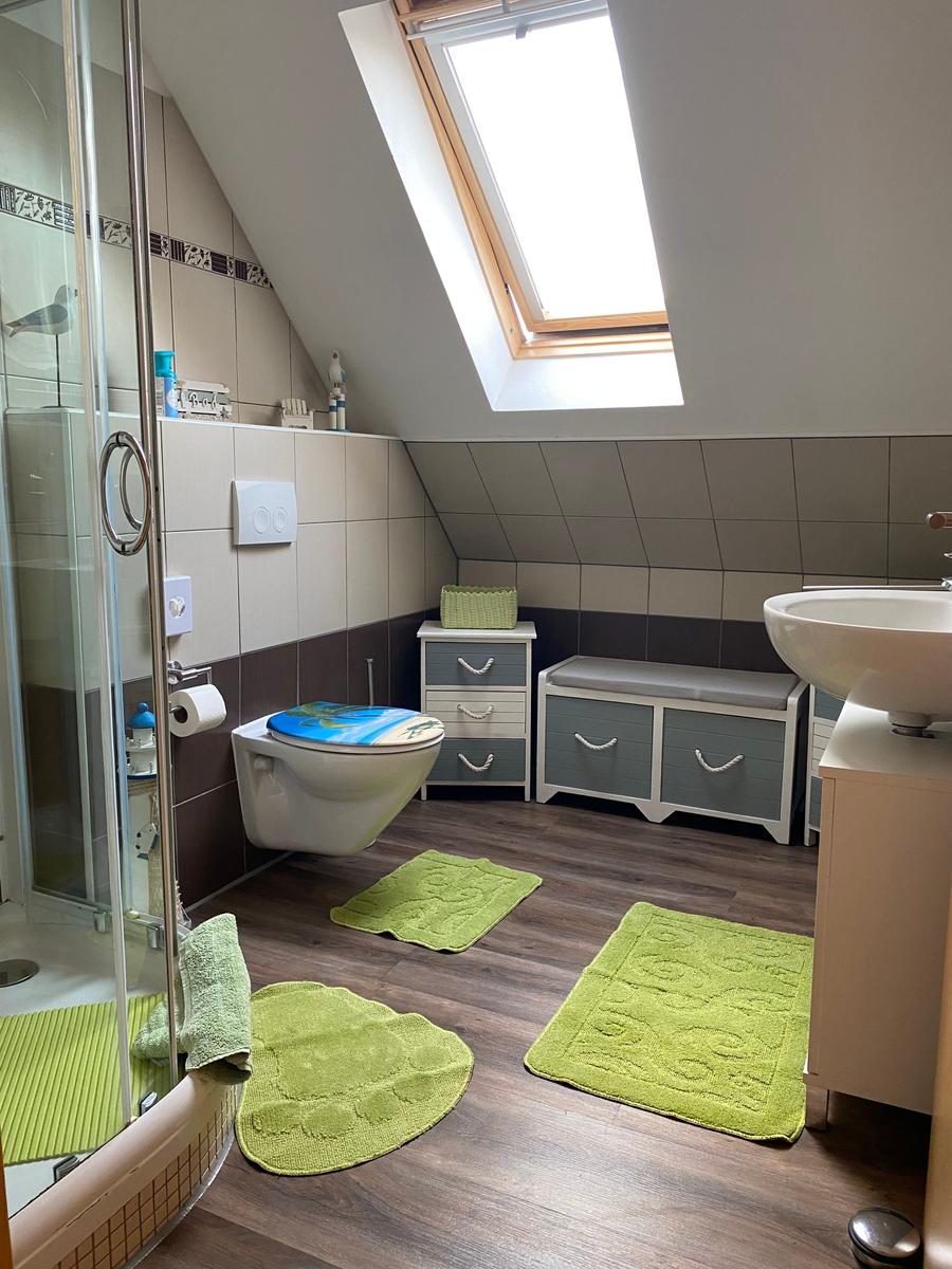 Badezimmer mit Dusche, Toilette, Waschbecken und grünen Teppichen unter Dachschrägen.
