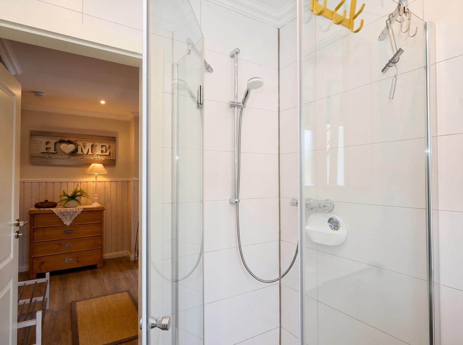 Duschkabine mit Glaswand und Duschbrause. Im Hintergrund Schlafzimmer mit Schrank und Wandbild.