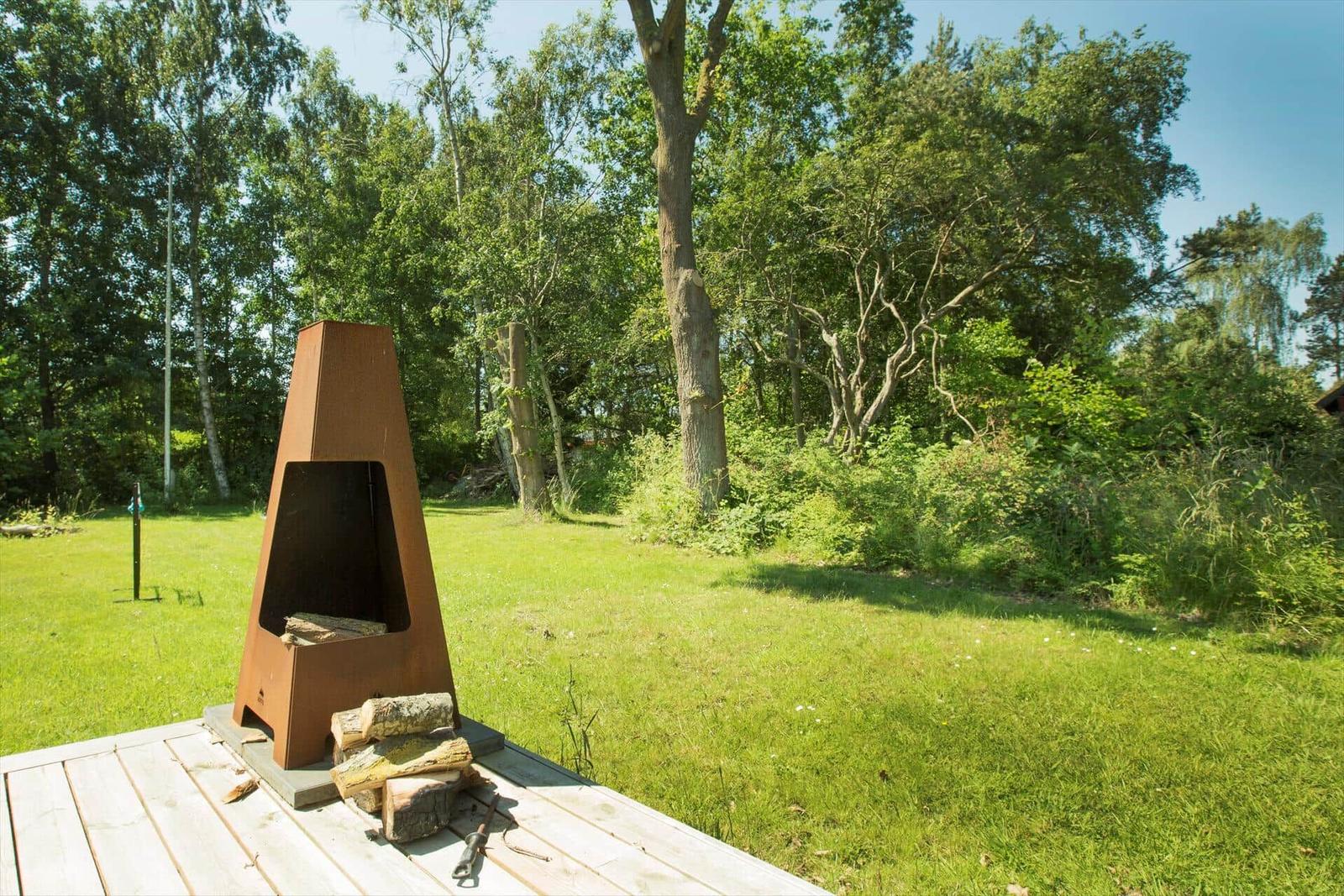 Basketball hoop on concrete pad in grass among trees