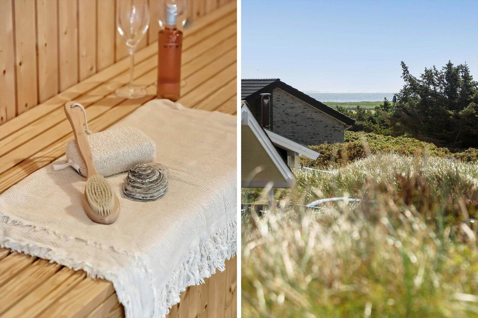 Sauna mit Badetuch, Bürste und Flasche. Haus mit Blick auf Meer und Gras.