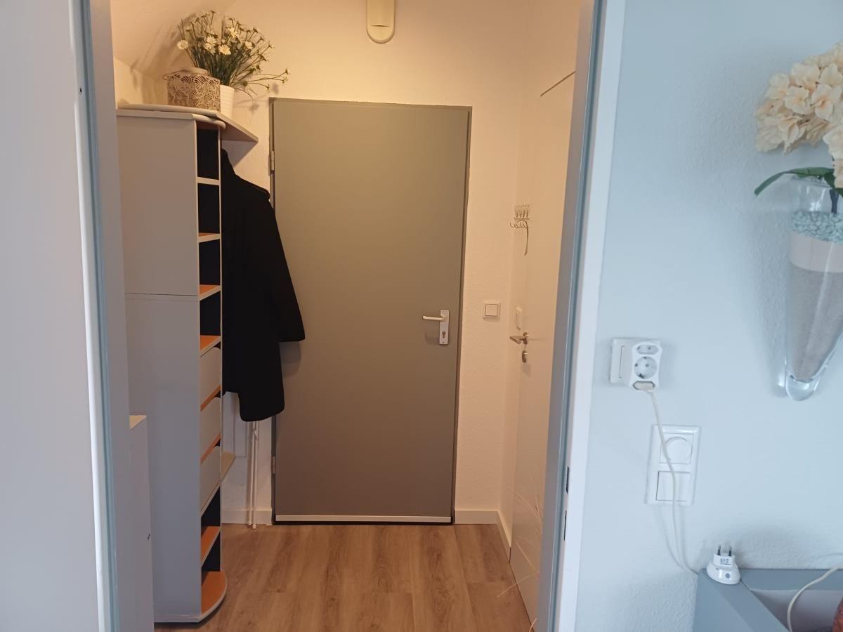 Eingangsbereich mit Kleiderständer, Tür und Holzboden. Wand mit Steckdose und Blumenvase.