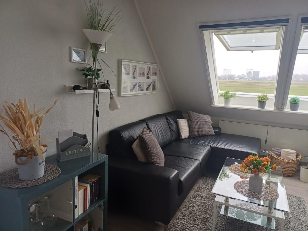 Schwarzes Sofa mit Kissen, Glas-Tisch und Fenster mit Blick auf Feld.