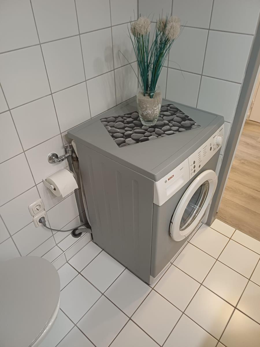 Waschmaschine in Badezimmer mit Toilette und Pflanze auf Deckel