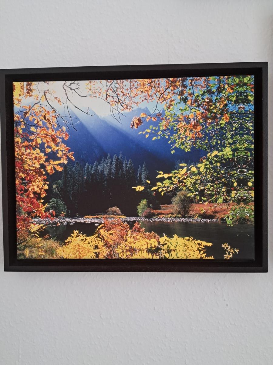 Gemälde zeigt Herbstwald mit Fluss und Bergen im Hintergrund.