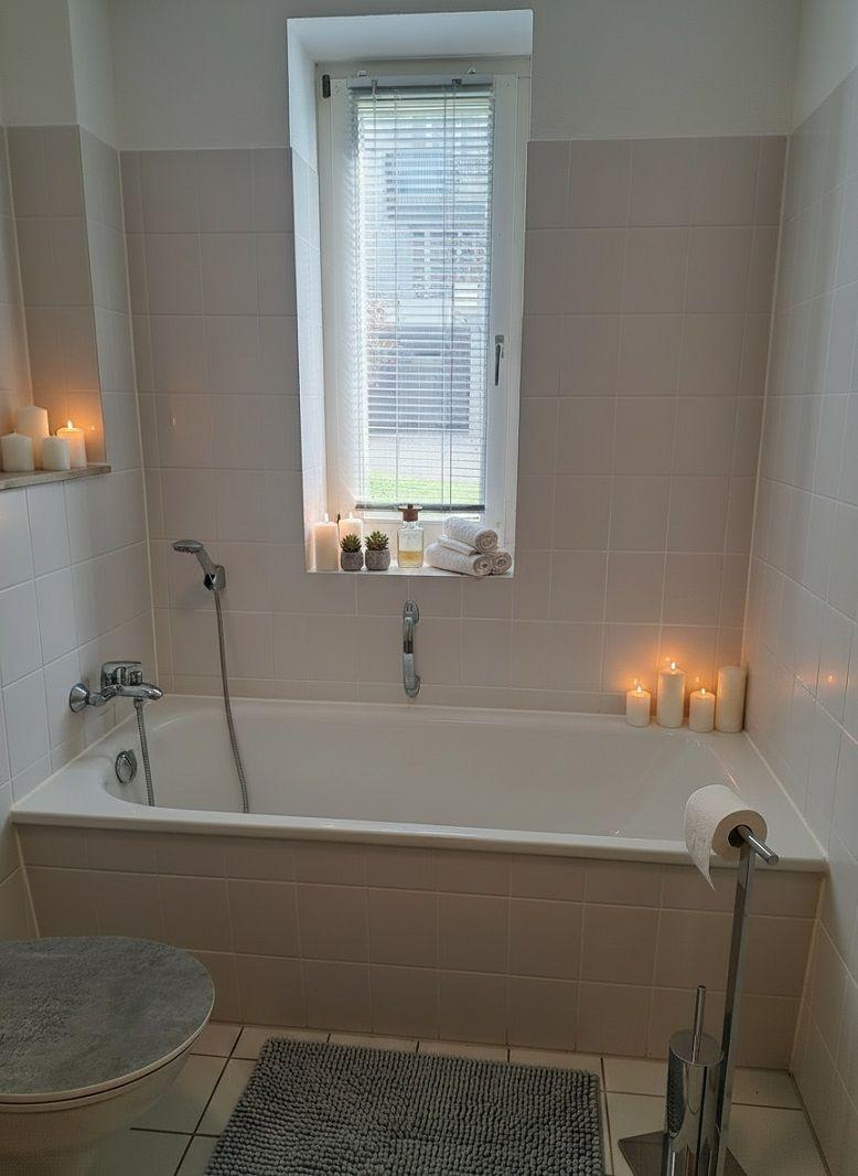 Bad mit Badewanne, Fenster, Kerzen und Handtüchern