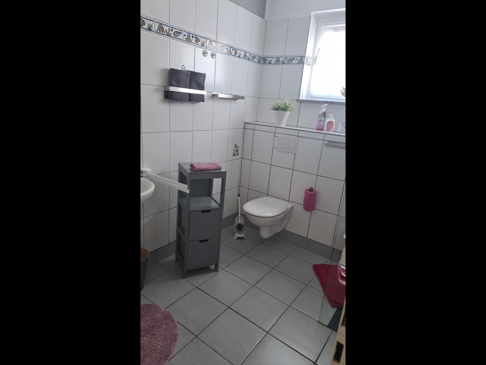 Badezimmer mit Toilette, Waschbecken und grauem Regal.