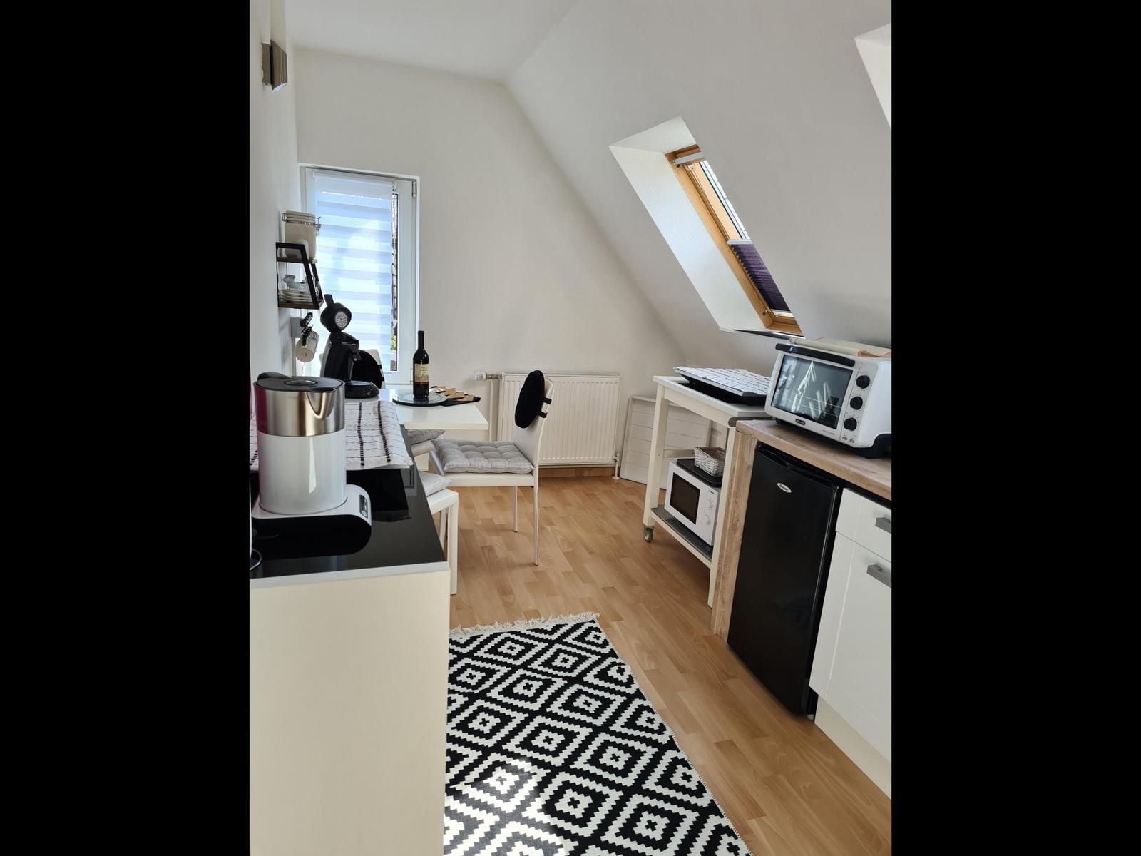 Küche mit Esstisch, Mikrowelle, Kühlschrank und Dachfenster.