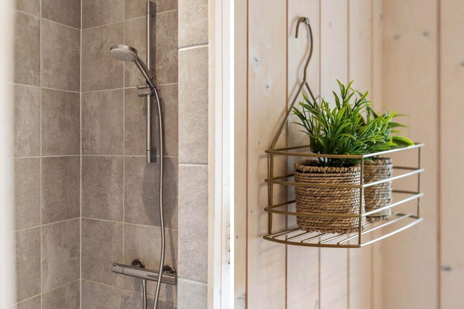 Shower with stainless steel faucet and plants in rack