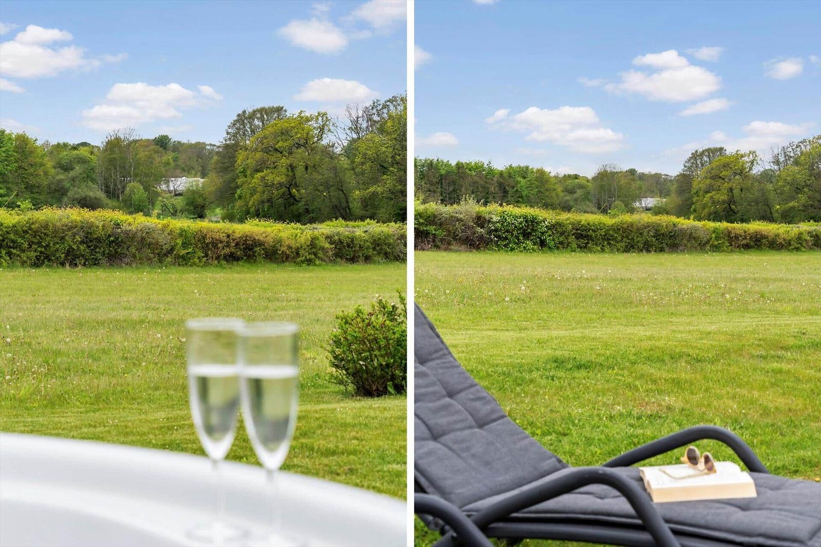 Two images show a garden with a lounge chair and champagne glasses against green scenery.