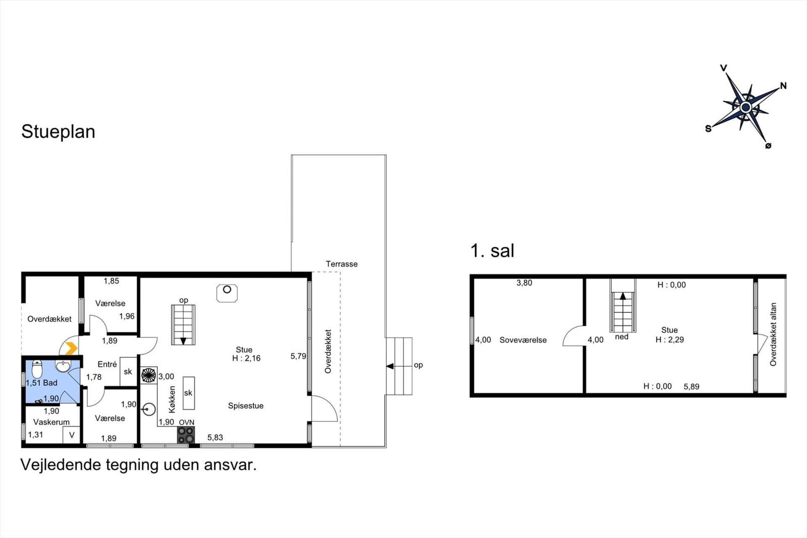 Funktionaler Grundriss mit Küche, Wohnbereich und Terrasse. Zwei Schlafzimmer und Bad.