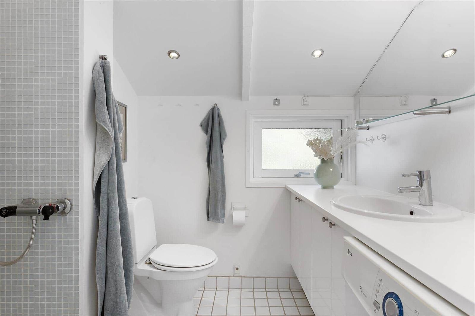 Bathroom with toilet, sink, and shower. Window and mirror visible.