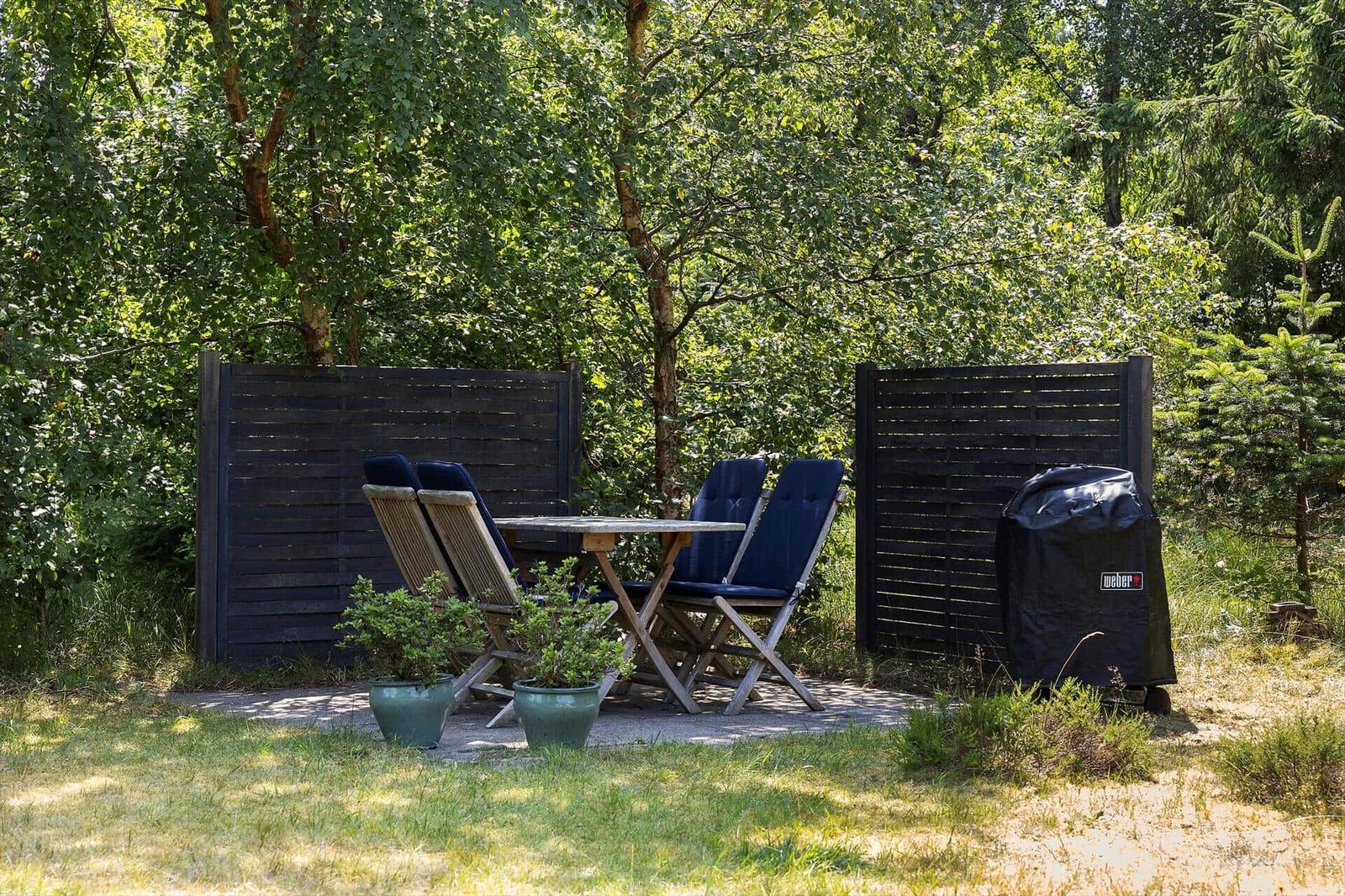 Outdoor area with table, four chairs, plants, and grill on grass.