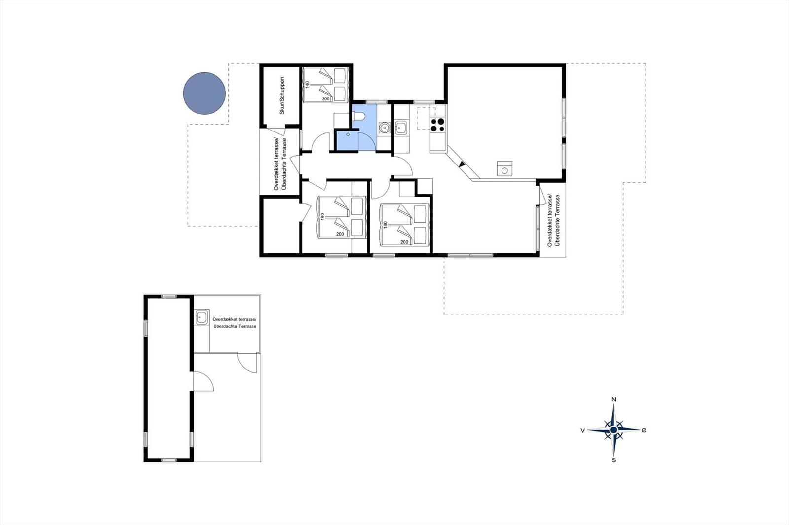 Apartment with two bedrooms, kitchen, and covered terrace.
