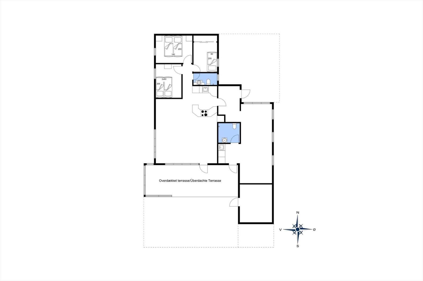 Die Wohnung hat zwei Schlafzimmer, eine Küche, ein Bad und eine überdachte Terrasse.