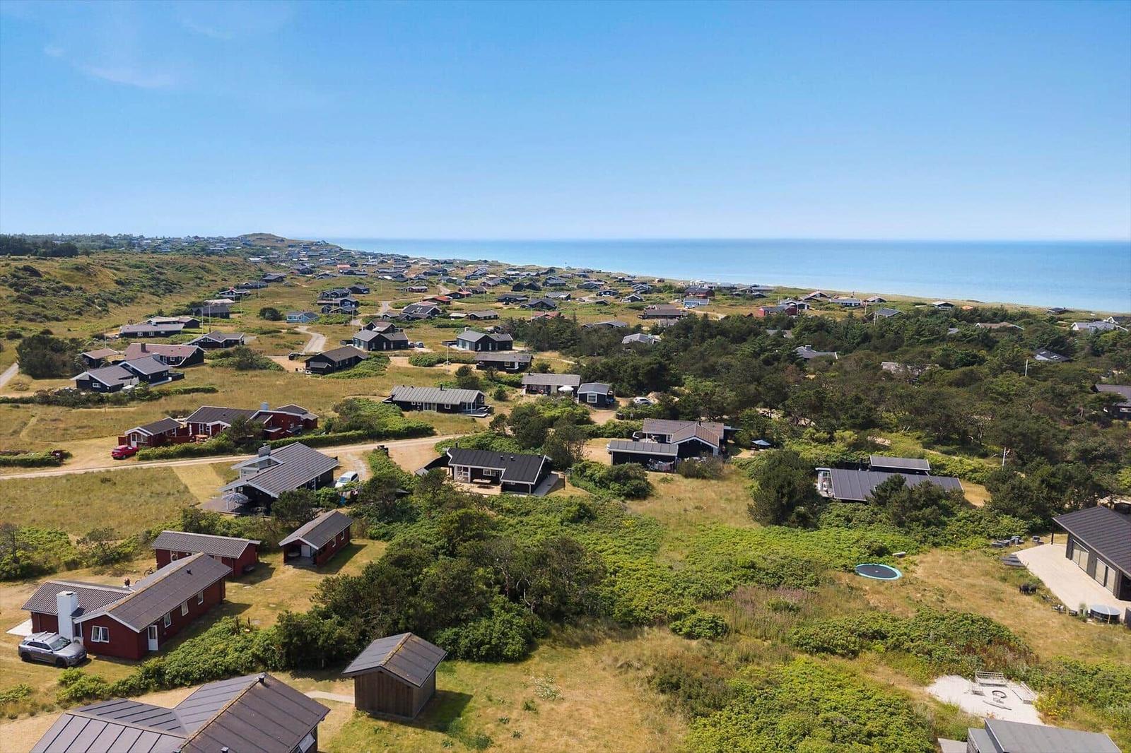Aerial view of coastal cabins with greenery and ocean in background.