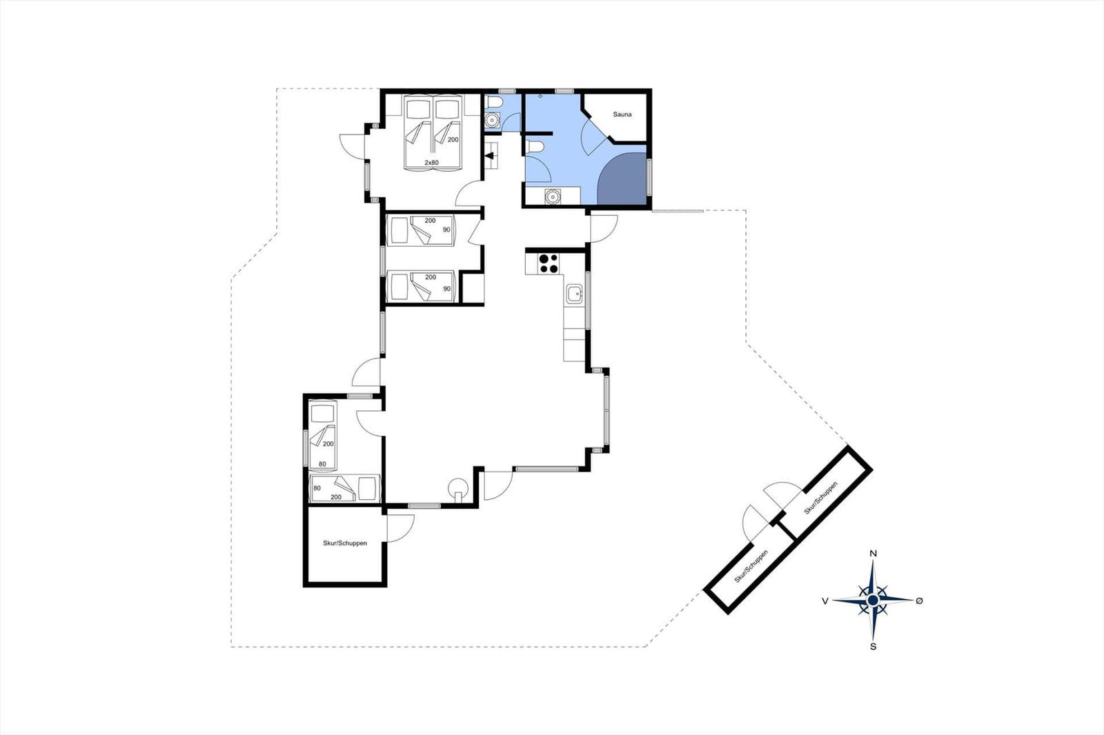 Apartment with three bedrooms, sauna, and kitchen. Outdoor area with ski storage sheds.