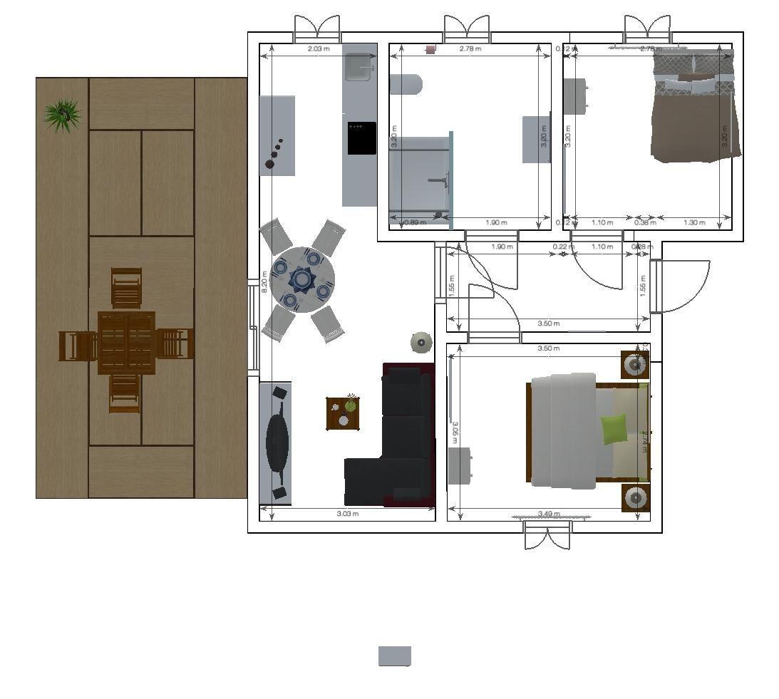 Dieses Haus hat eine Küche, ein Esszimmer, ein Wohnzimmer und zwei Schlafzimmer mit Bad.