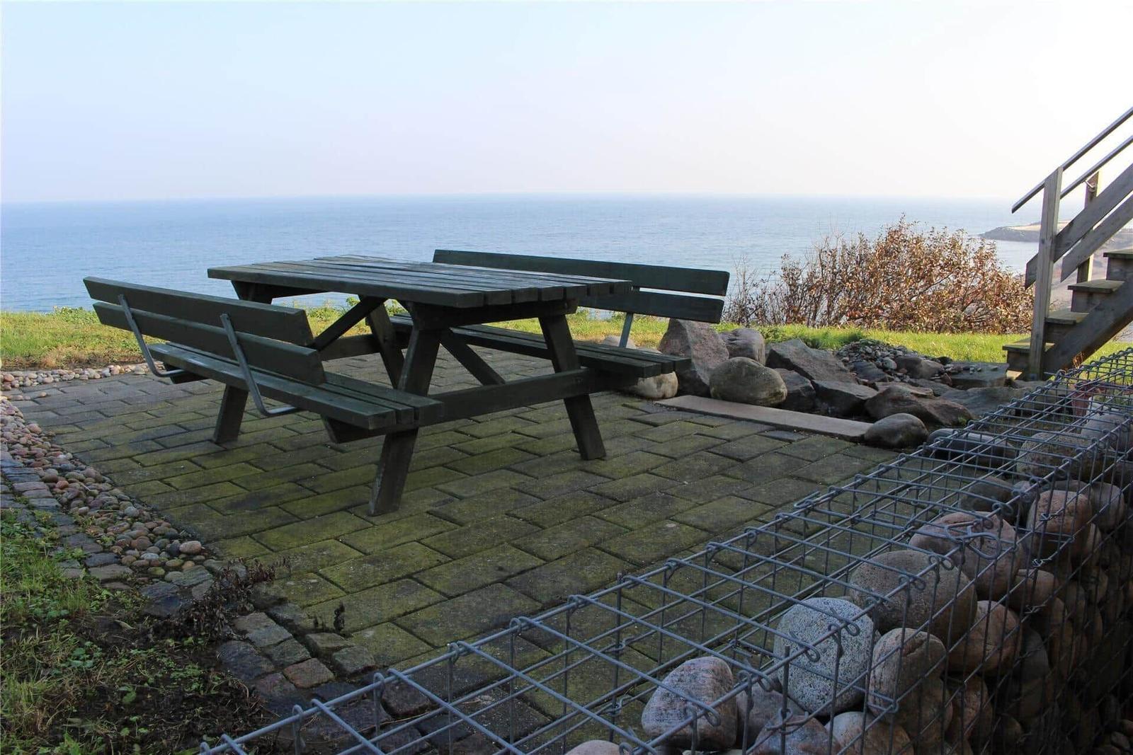 Gelbes Haus mit Terrasse, Picknicktisch und Bank im Garten unter blauem Himmel.