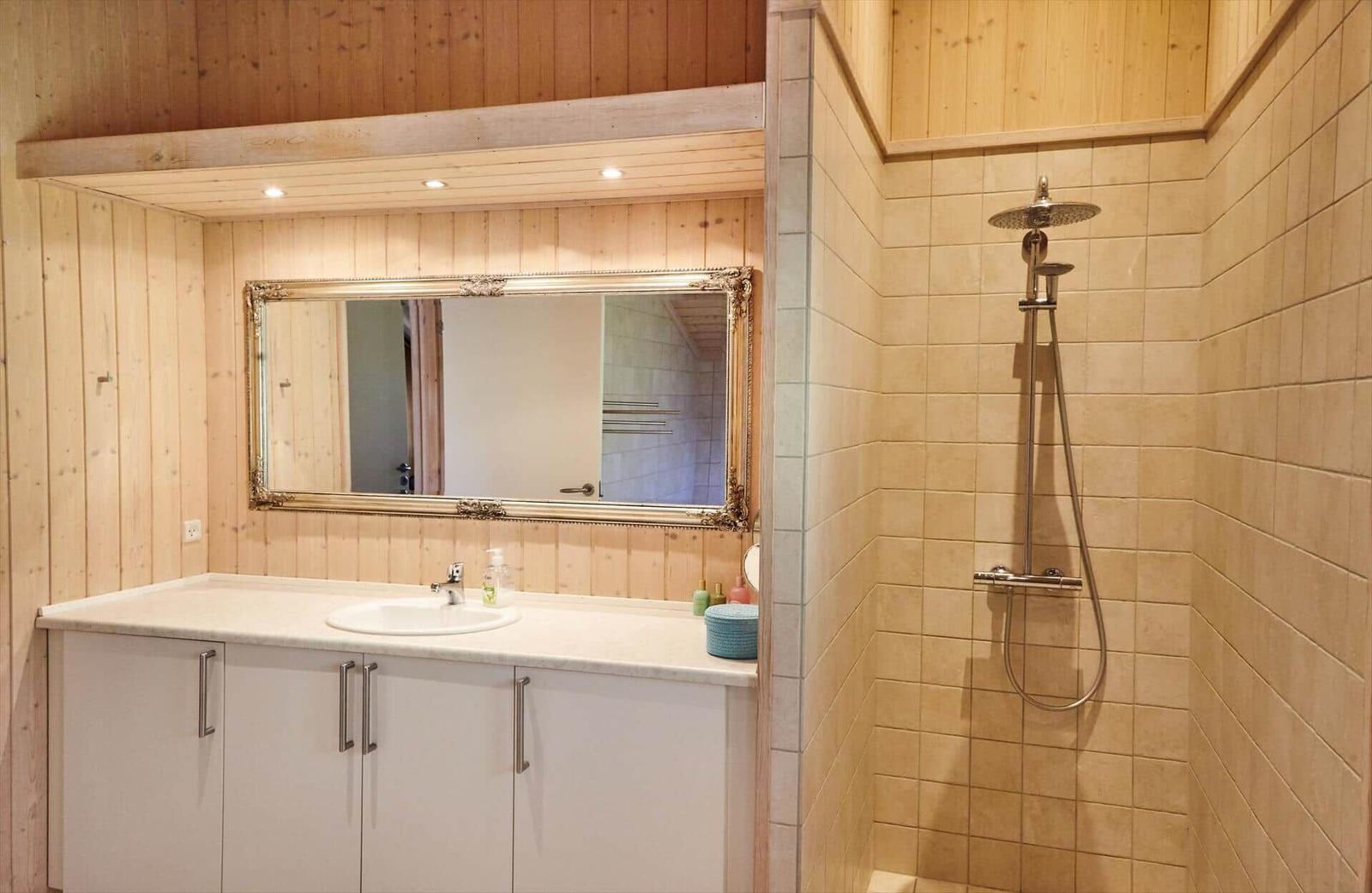 Dusche mit Whirlpool, Toilette und Holzdecke