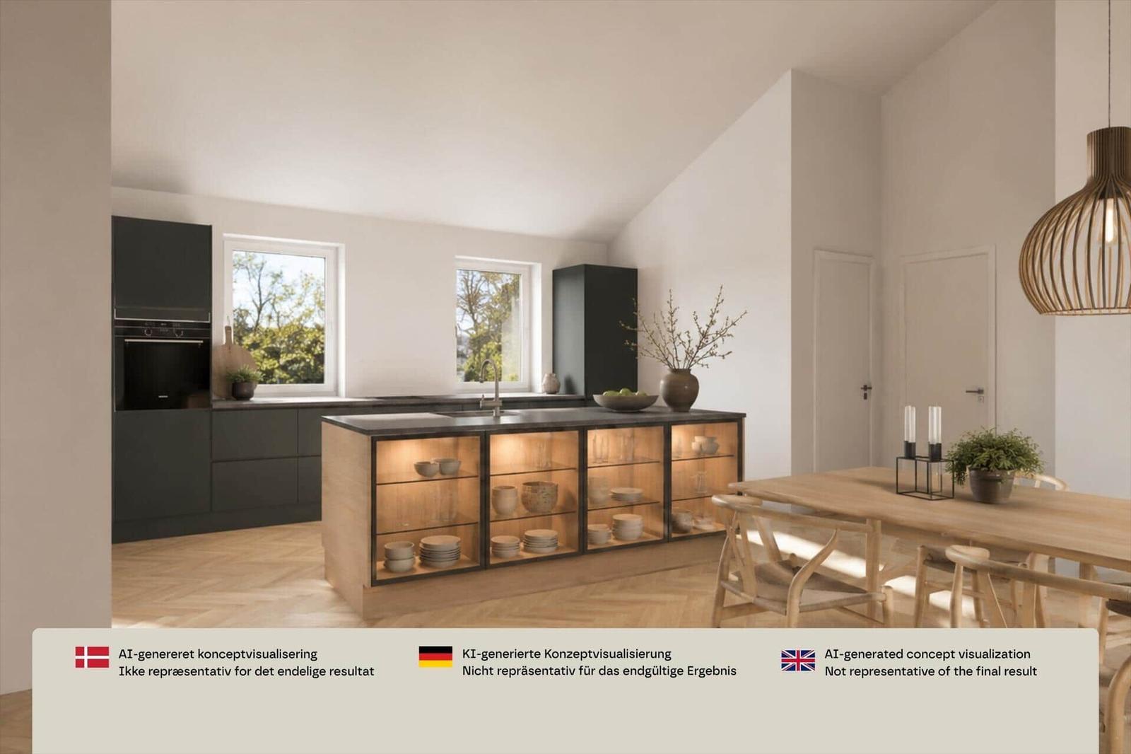 Zimmer mit großem Fenster, Blick auf Feld, Holzschrank und Wandbild.