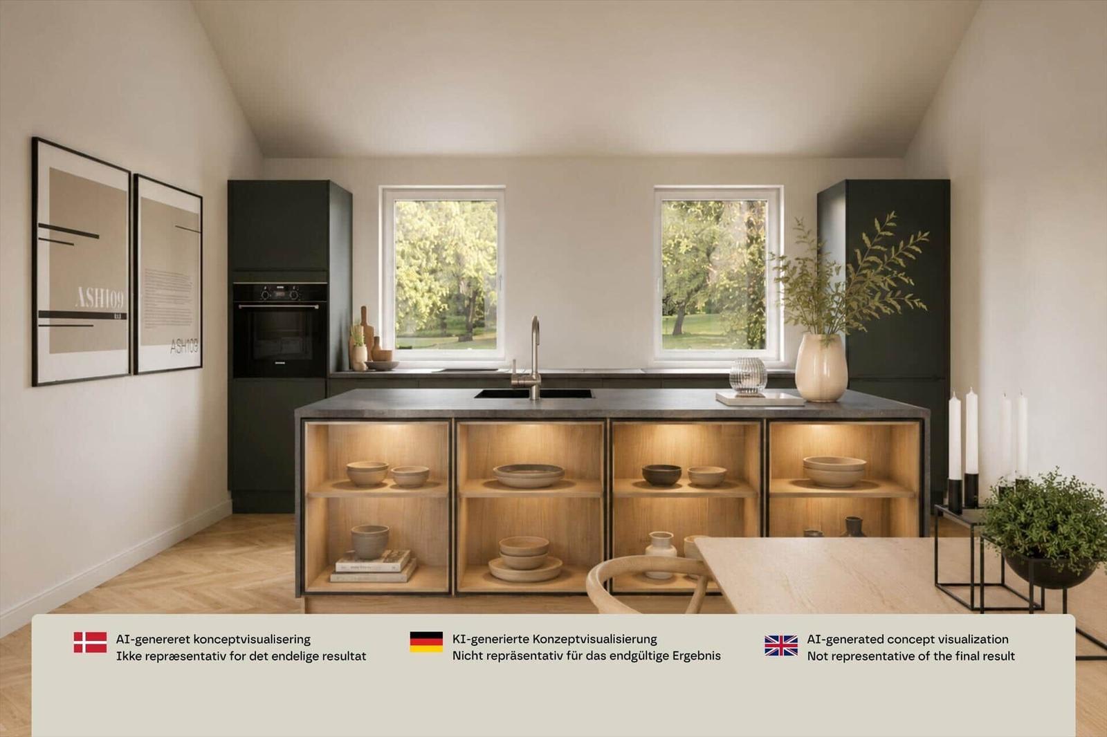 Wäschetrockner und Waschmaschine in integriertem Schrank mit Pflanzen und Korb.