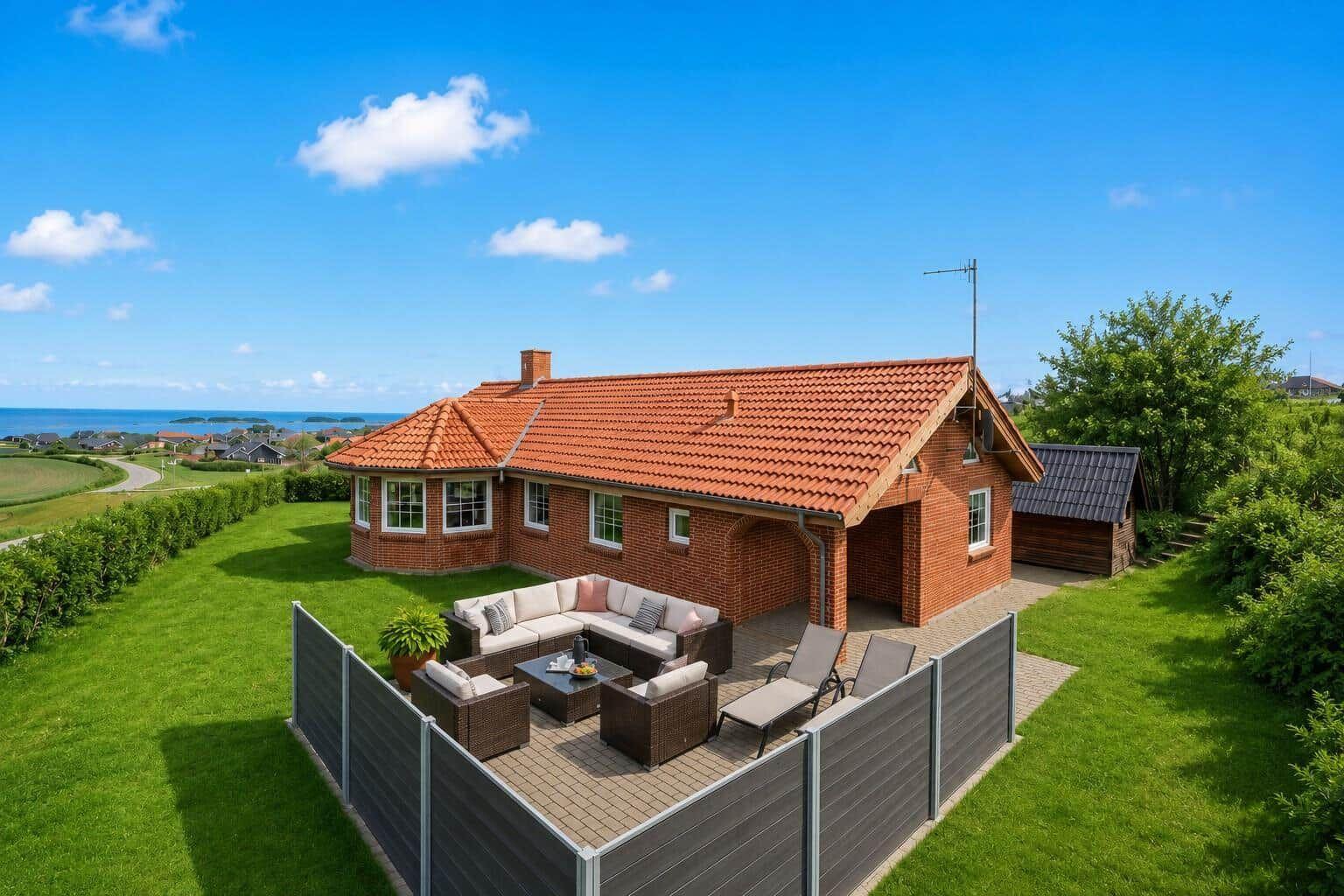 Rotes Ziegelhaus mit Terrasse, Garten und Meerblick.