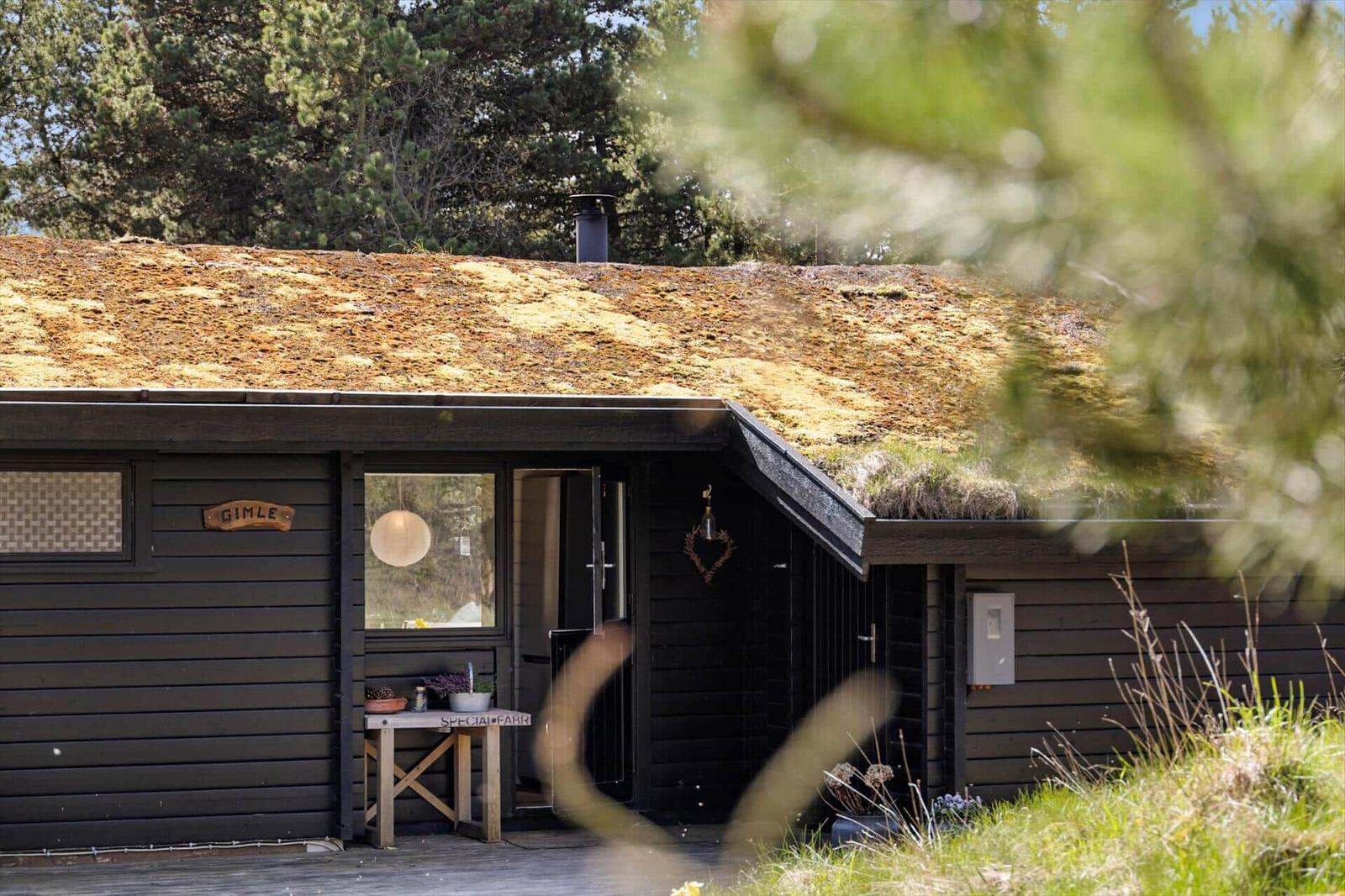 Zwei Holzhütten mit grünem Dach und Terrasse unter Bäumen.