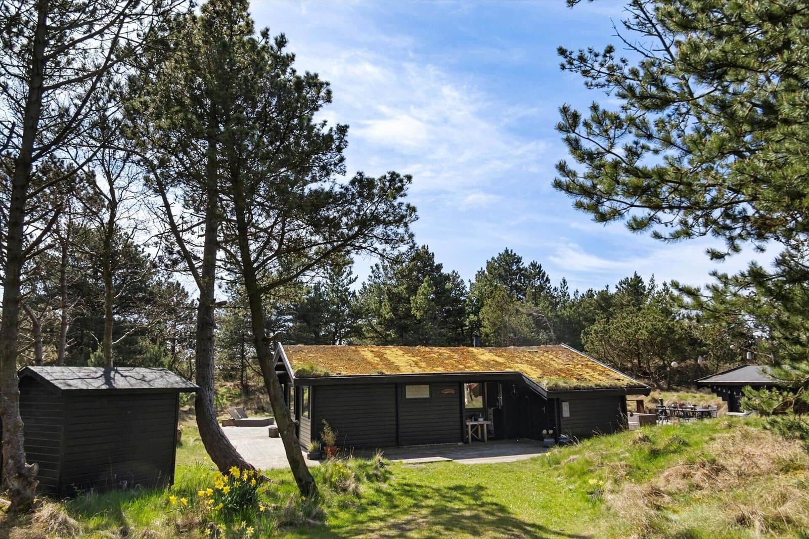 Zwei schwarze Holzhäuser mit Terrasse, Tisch und Stühlen. Umgeben von Bäumen und Gras.