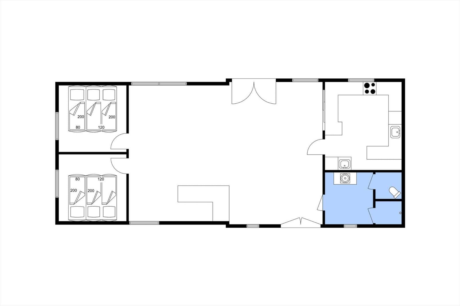 Two bedrooms, kitchen, bathroom, and living area with window.