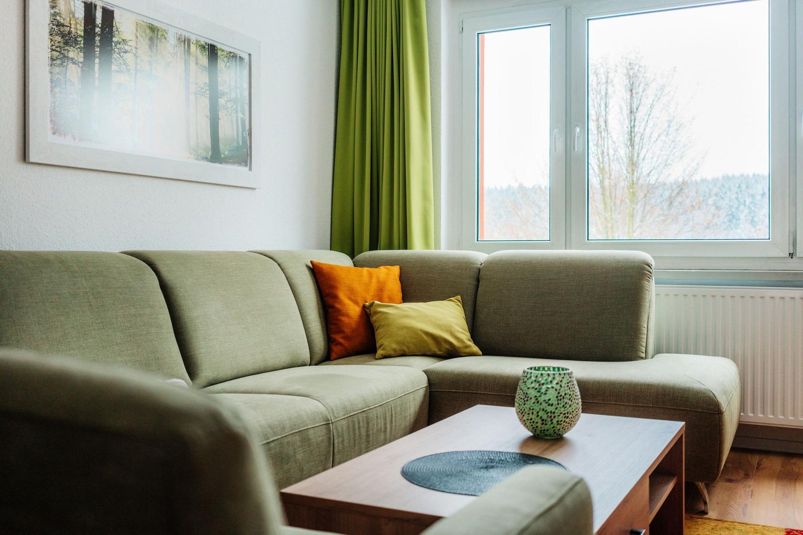 Ein Wohnzimmer mit grünem Sofa, zwei Kissen und einem Holztisch. Durch das Fenster ist eine Landschaft sichtbar.
