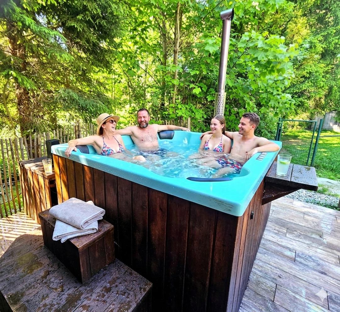Hottub mit Whirlpoolfunktionen und Holzofen