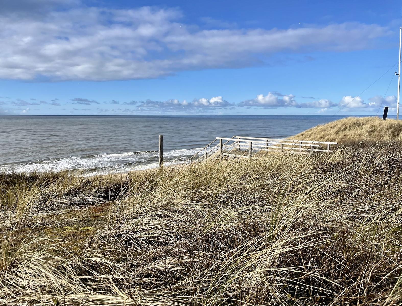 Wooden path leads from the beach over dunes to the sea.