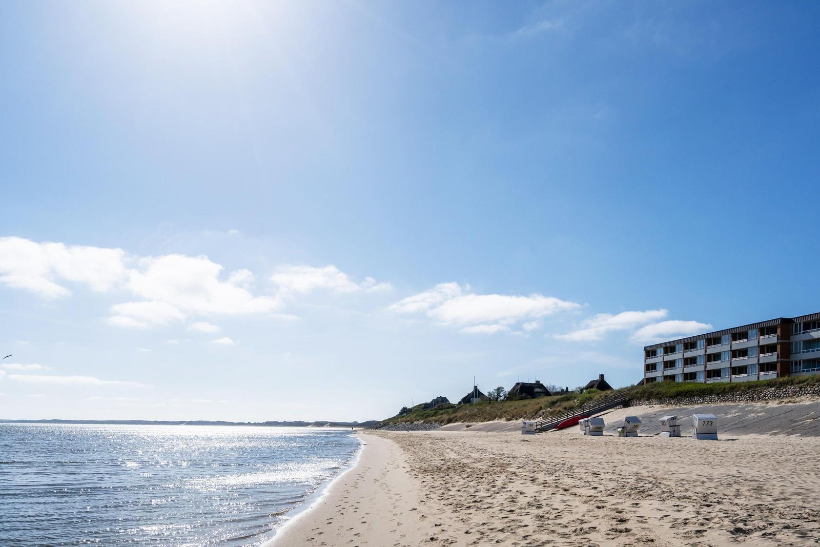 Strand mit Muscheln und Kies, Blick auf das Meer und den Himmel.