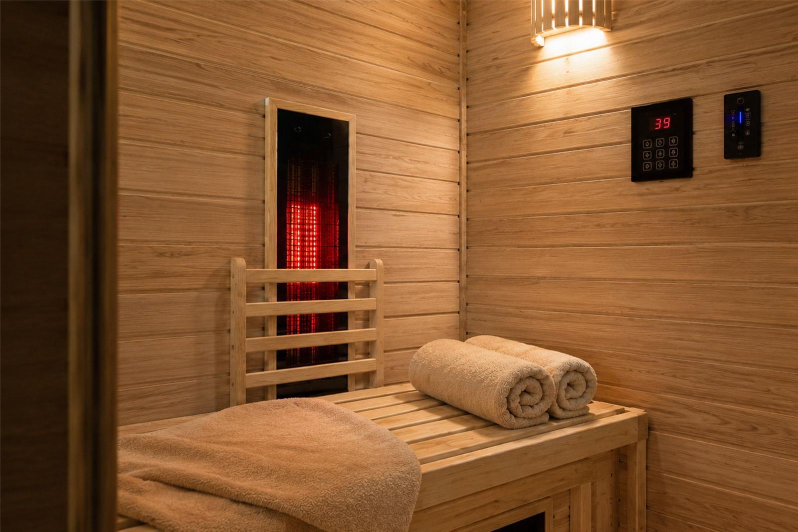 Sauna mit Holzbank, Handtuch und Heizung. Temperaturanzeige 39 Grad.
