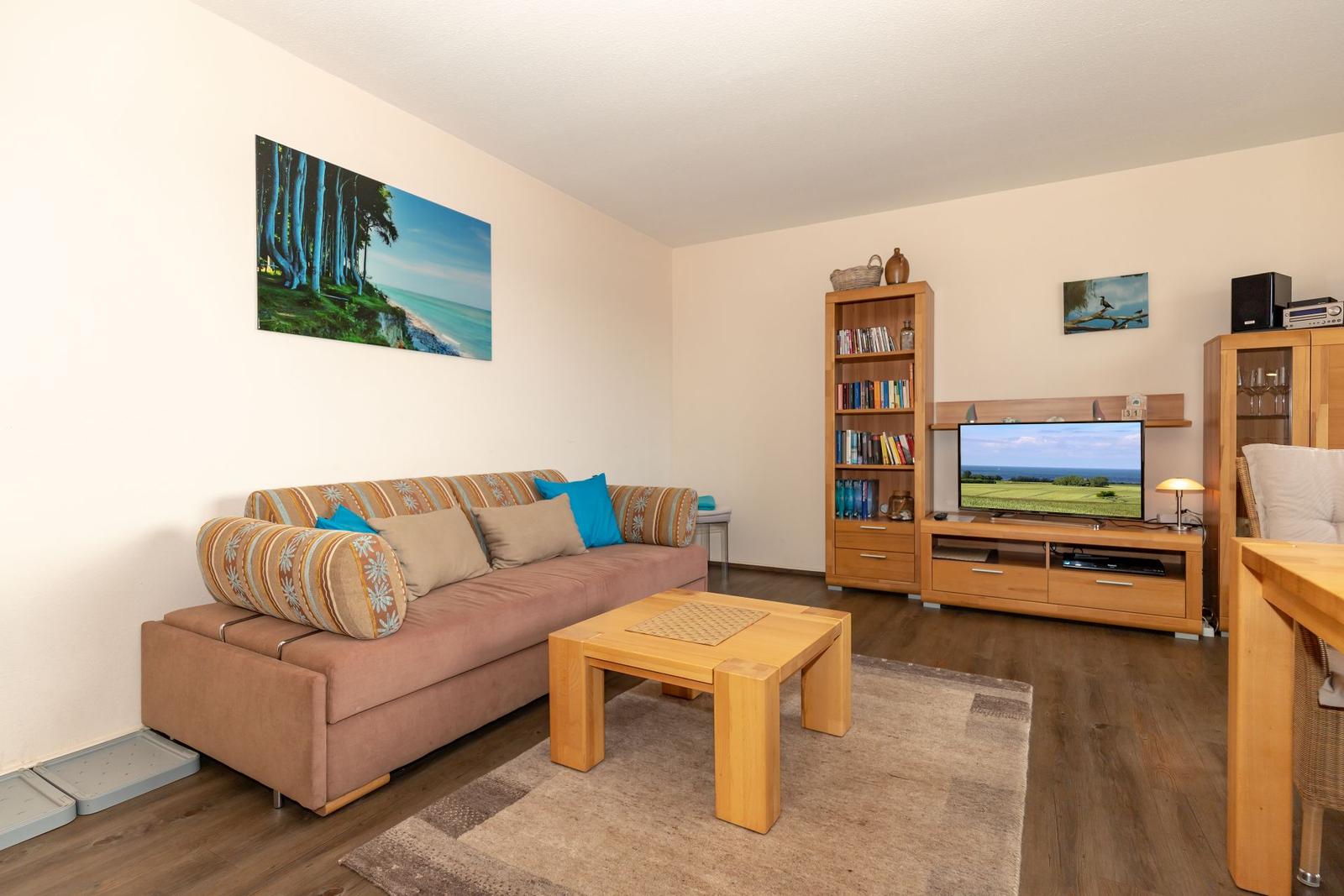 Living room with sofa, TV, and wooden furniture. Wall art and rug are visible.