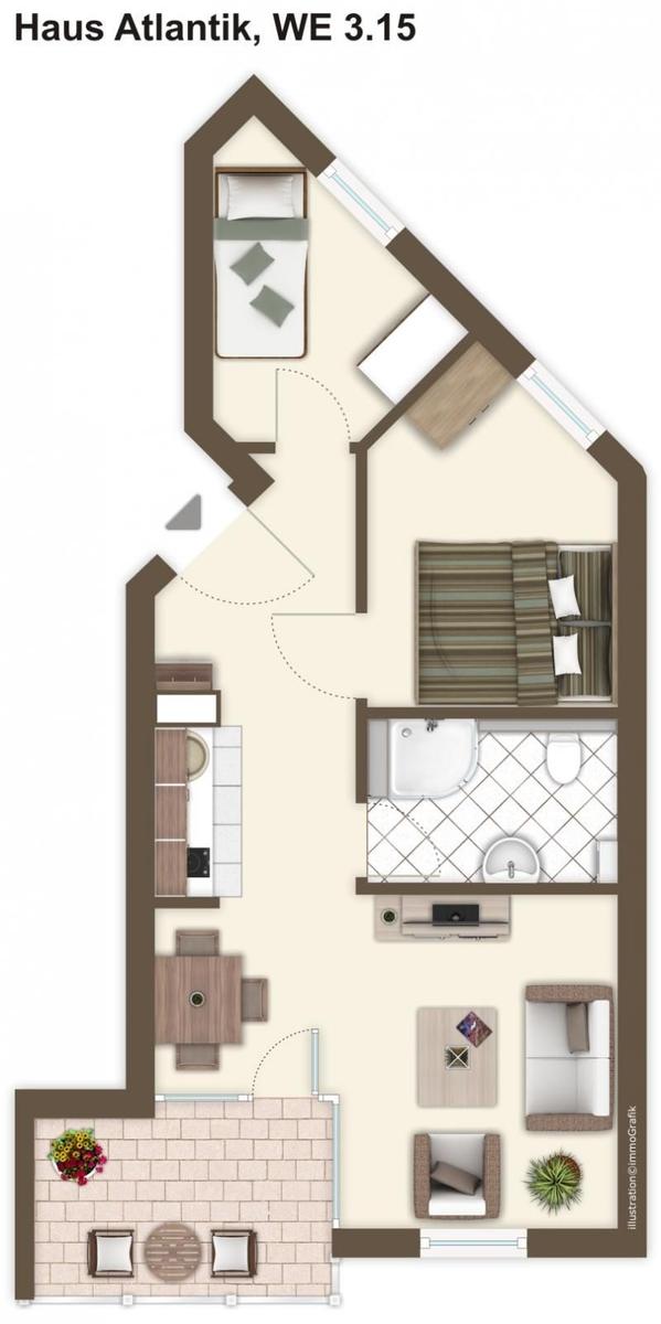 Haus Atlantik, WE 3.15: Wohnfläche mit Küche, Essbereich, Schlafzimmer und Bad.