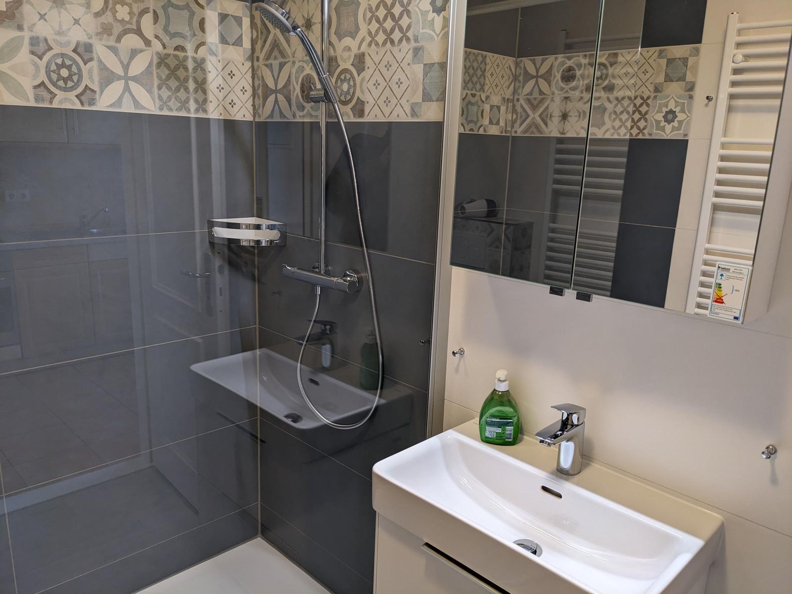 Badezimmer mit Dusche, Waschbecken und Spiegel