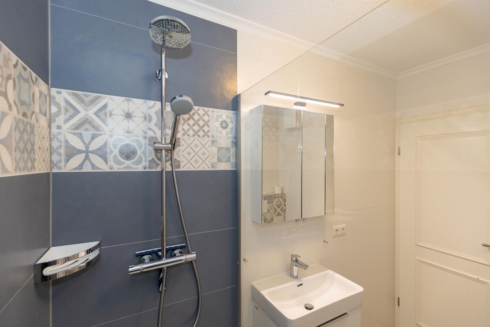 Badezimmer mit Dusche, Waschbecken und Spiegelschrank.