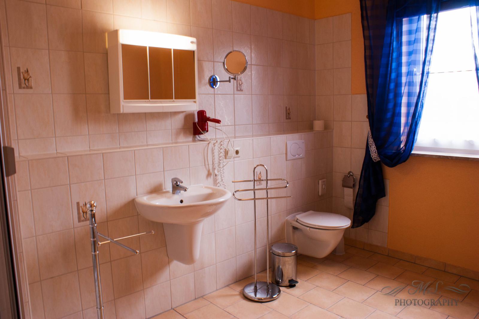 Badezimmer mit Waschbecken, Toilette, Spiegel und Fenster mit blauen Vorhängen.