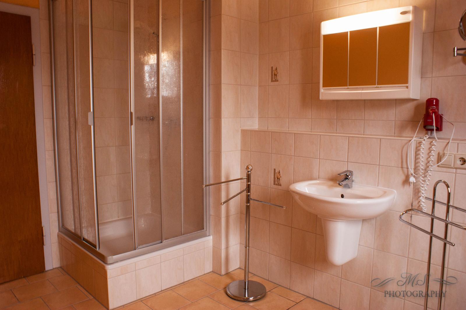 Badezimmer mit Dusche, Waschbecken und Spiegelschrank
