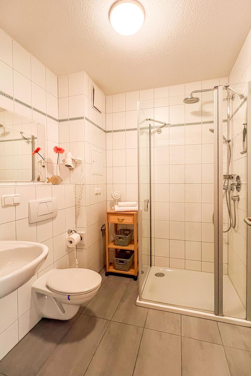 Badezimmer mit Dusche, Toilette und Waschbecken. Holzregal und Spiegel sichtbar.
