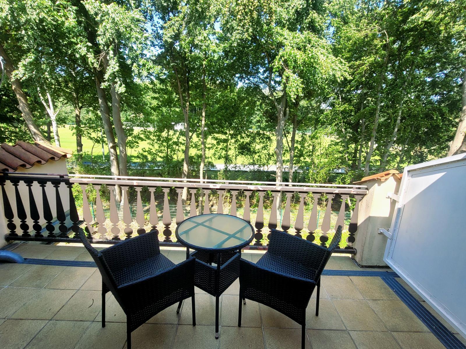 Terrasse mit Tisch und zwei Stühlen. Blick auf grüne Bäume und Rasenfläche.