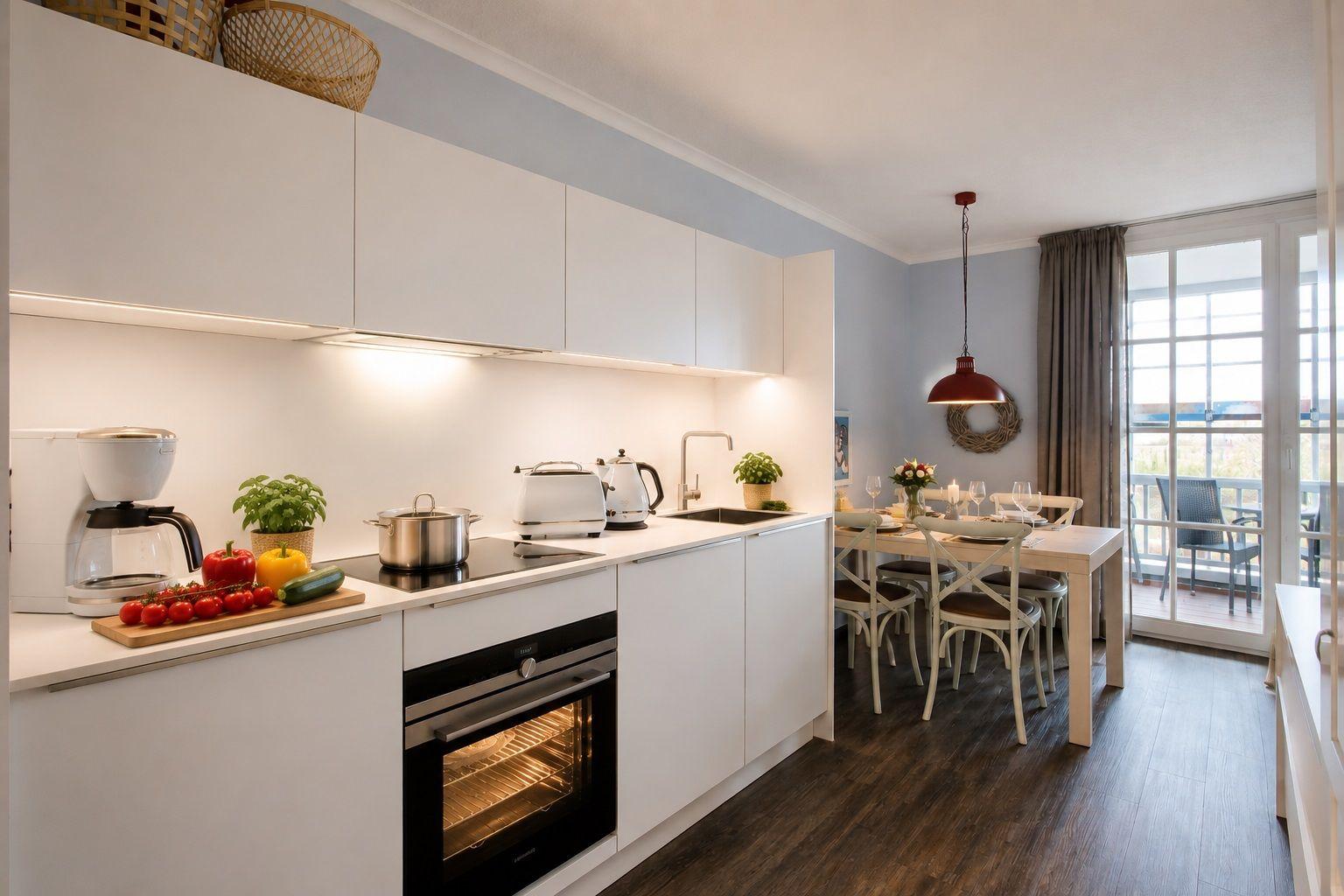Küche mit Essbereich, Balkon und moderner Ausstattung.