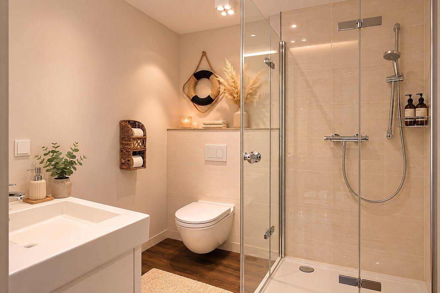 Badezimmer mit Dusche, Toilette und Waschbecken. Holzboden und beige Wandfliesen.