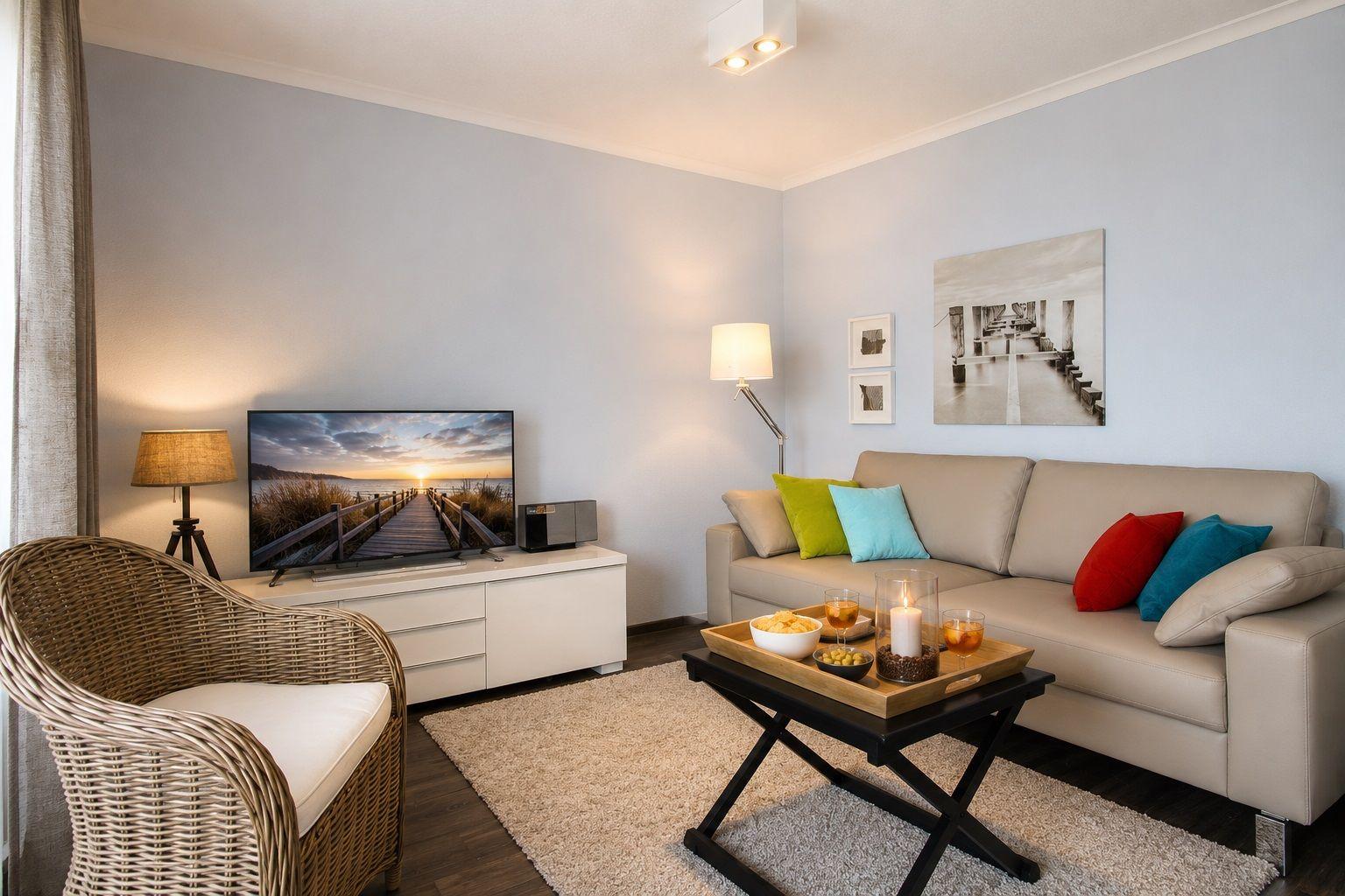 Ein Wohnzimmer mit Sofa, Fernseher und Sitzgelegenheit.