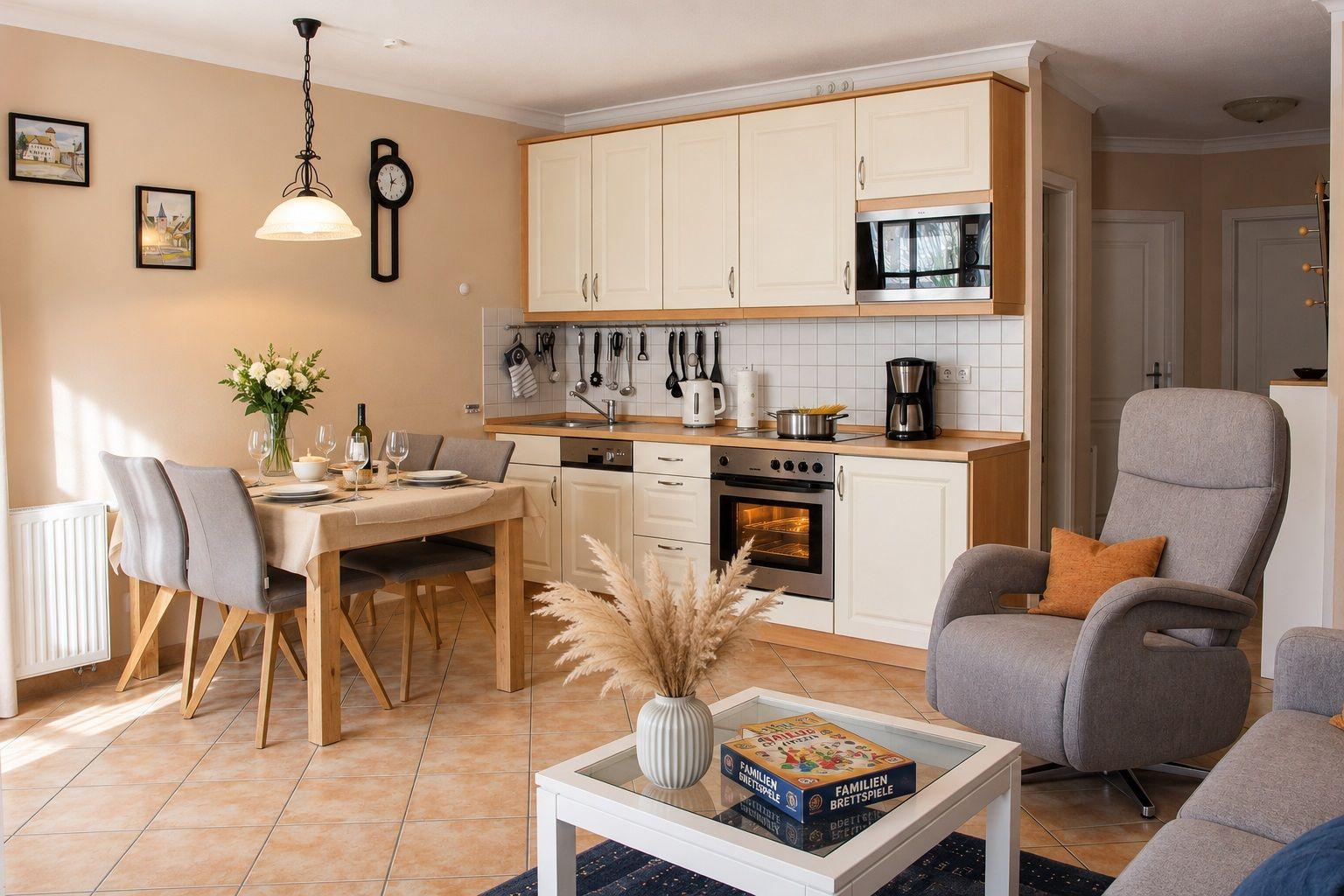 Kitchen with dining area and seating in the living space.